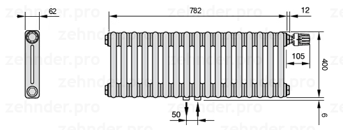 Схема (чертеж) Радиатор Zehnder Charleston 2040/17 №V008 Белый глянцевый RAL 9016